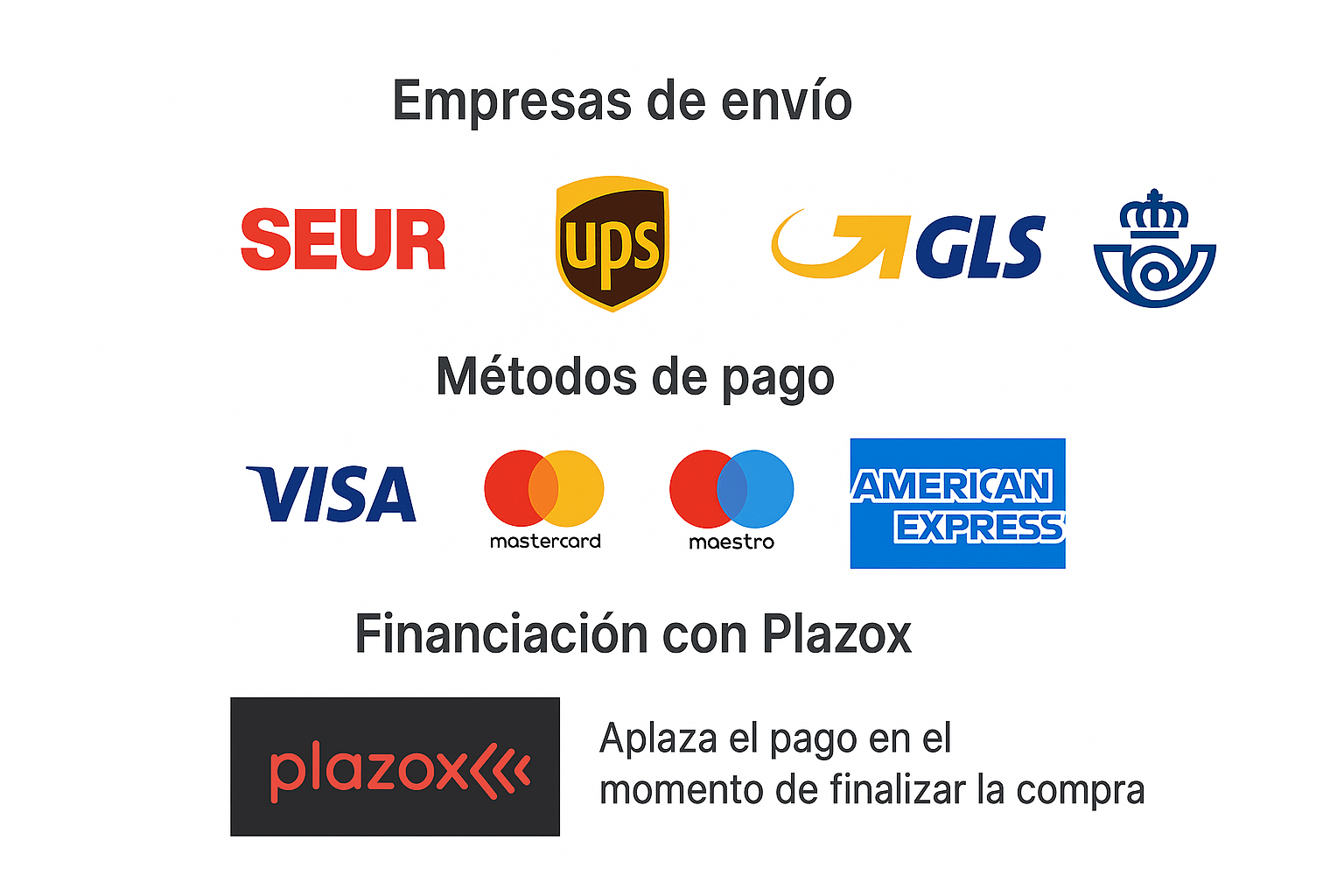 Opciones de envío SEUR, UPS y GLS, métodos de pago con VISA, Mastercard y American Express, y financiación Plazox.